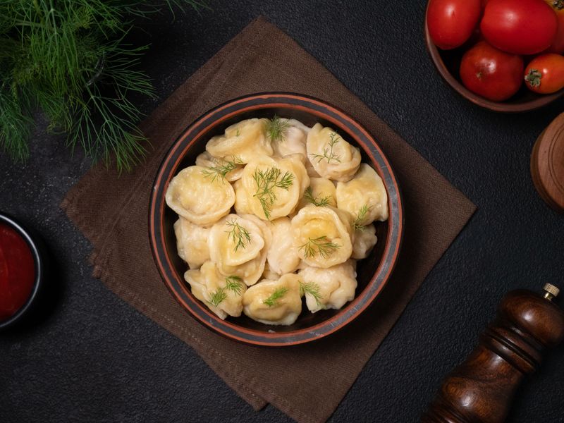 Corn-flour chicken pelmeni (meat dumplings)