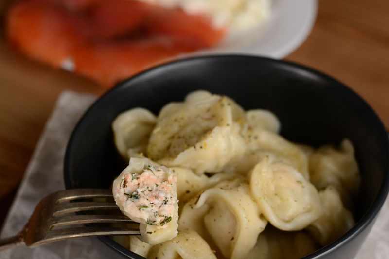 Salmon and cheese pelmeni (dumplings)